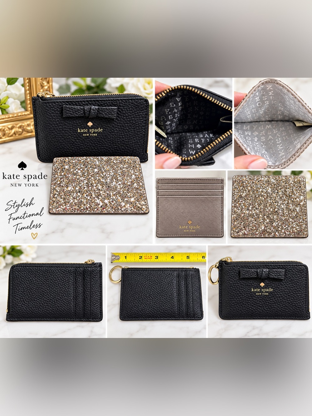 2 Kate Spade Wallets: Pebbled Leather Zip Card Holder & Gold Glitter Card Case
